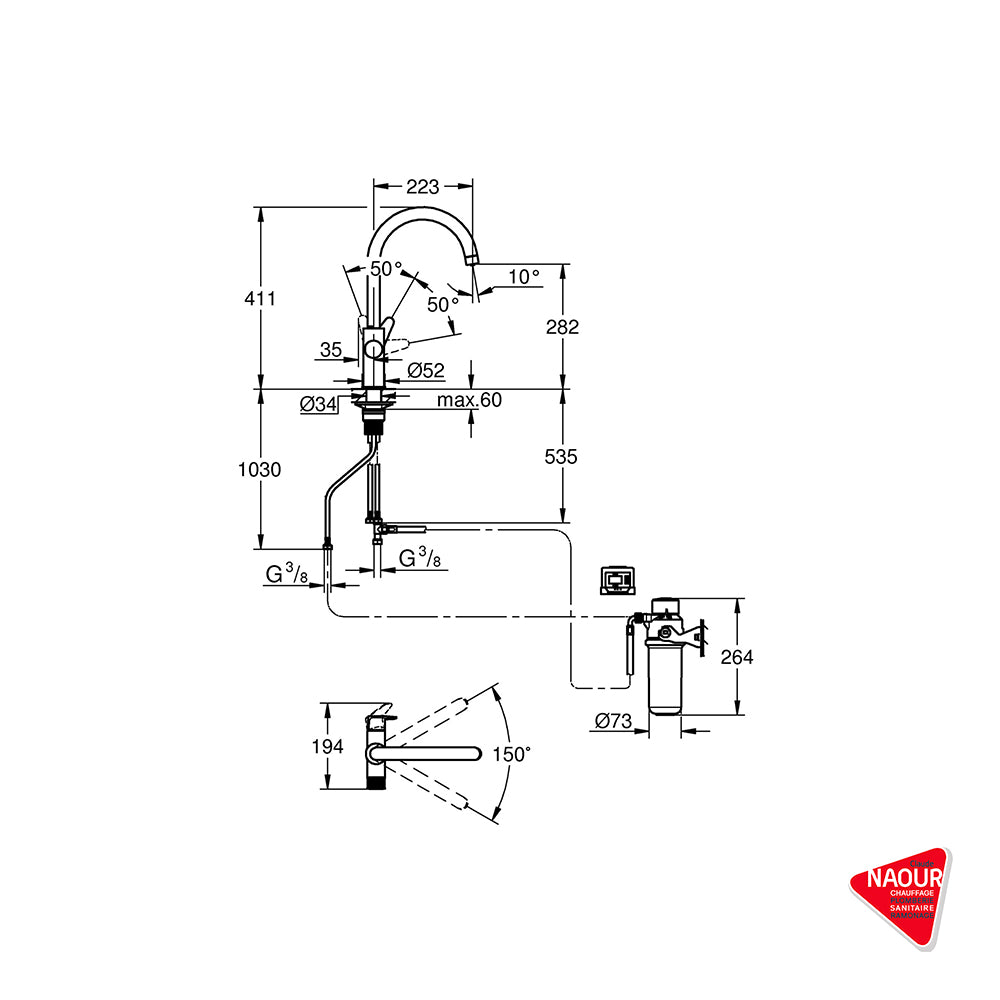 GROHE - Mitigeur de cuisine  avec eau potable chromé Blue pure startcurve - Pose incluse