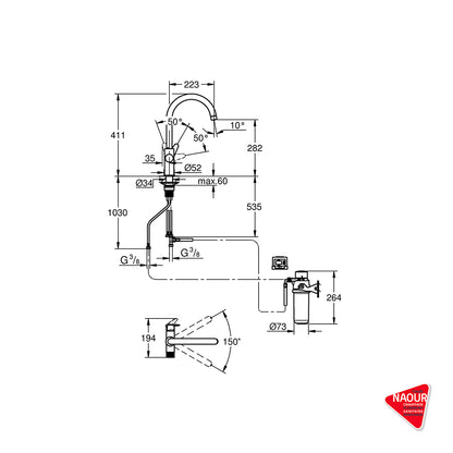 GROHE - Mitigeur de cuisine  avec eau potable chromé Blue pure startcurve - Pose incluse