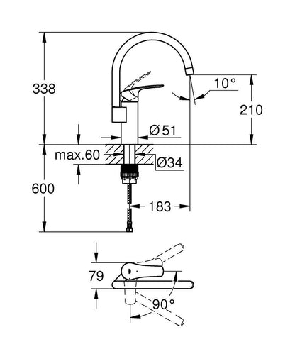 GROHE - Mitigeur monocommande évier chromé Eurosmart - Pose incluse